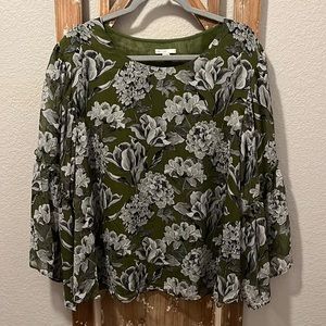 Cato 18/20W Sheer Sleeve Olive Floral Top Bodice Lined Super Lightweight Breezy